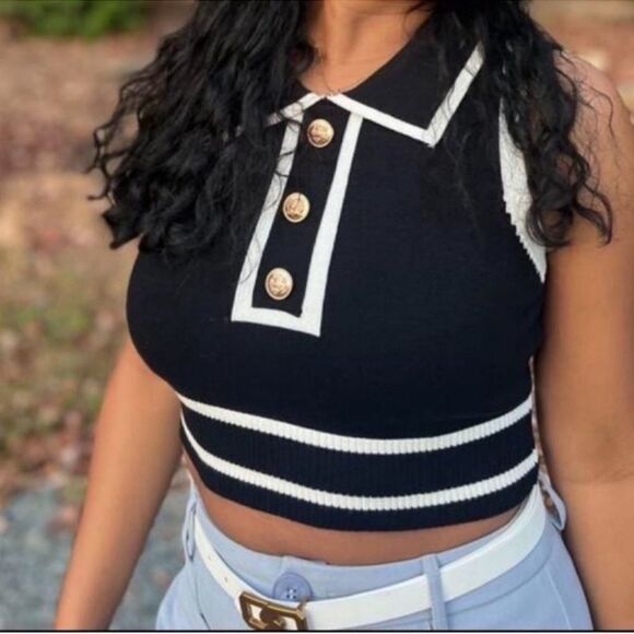Women's Button Front Striped Collar Sleeveless Sweater Vest Knit Top size small - Picture 4 of 13